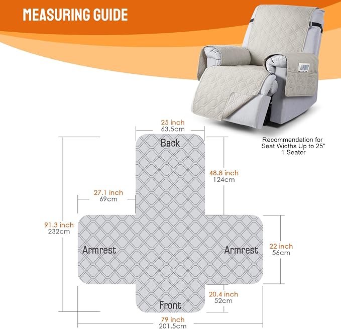 VANSOFY 100% Waterproof Recliner Chair Covers Washable, Beige, 25" | Non-Slip, Slipcover with Pocket, Furniture Protector, Elastic Straps, Chair Cover for Pets, Dogs - Image 2