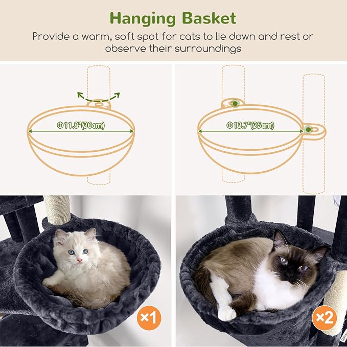 Globlazer Large Cat Tree, 80in Tall Climbing Tower, F80F, Dark Grey | Multi-Level Cat Scratching Tower for Indoor Multiple Large Adult Cats Kittens with 3 Cat Caves, 3 Hanging Baskets - Image 4