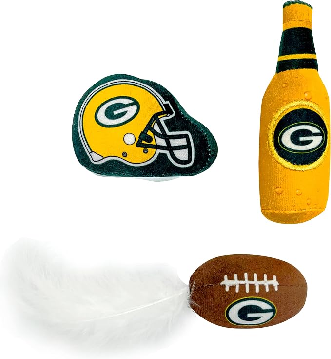 BEST PLUSH CAT TOY - NFL GREEN BAY PACKERS Complete Set of 3 piece Cat Toys filled with Fresh Catnip. Includes: 1 Helmet Cat Toy, 1 Football Cat Toy with Feathers & 1 Beer Bottle. Beautiful Team LOGOS - Image 2