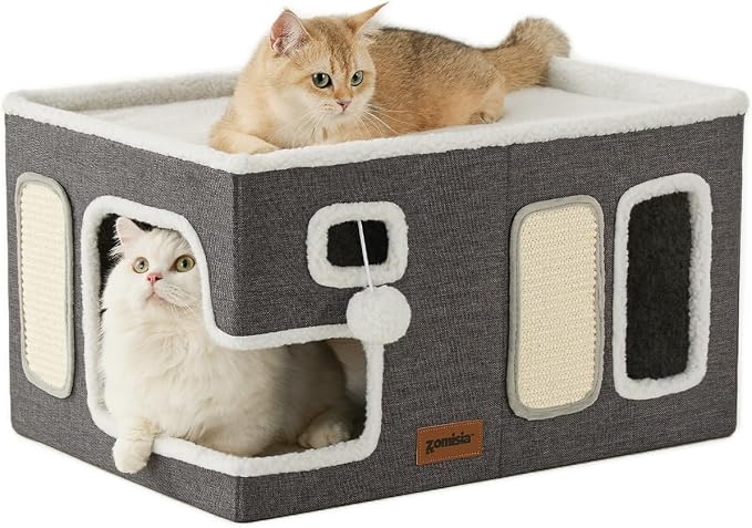 ZOMISIA Extra-Wide Cat House for Indoor Cats - Large Cat House for Pet with Fluffy Ball Hanging and Scratch Pad, Foldable Cat Hideaway for Multi Cats, 23x16.5x13 inches, Grey by Zomisia