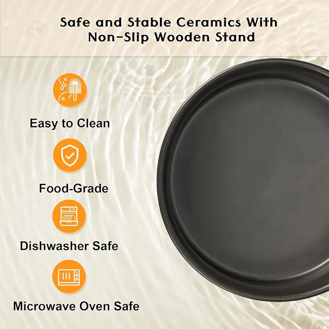 SPUNKYJUNKY Ceramic Elevated Dog Bowls 2 Pack - 6.1inch Raised Dog Bowls with Non-Slip Wooden Stand for Medium Dogs Dishwasher Safe(Black,28.7OZ*2) - Image 5
