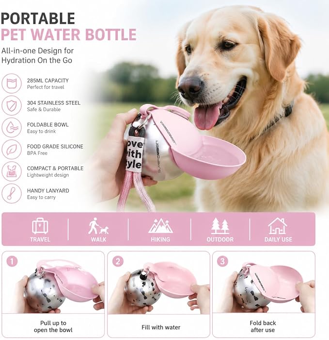 2-in-1 Portable Dog Water Bottle, 10 oz Stainless Steel with Foldable Bowl | Sealed lid, BPA-free silicone, carry strap, easy-rinse design for walks, hikes, and travel - Image 4