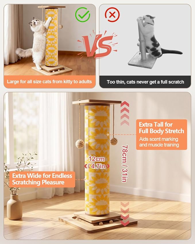Odoland 31" Tall Large Cat Scratching Post with Replaceable Scratcher Pad | Natural Sisal, Solid Wood Base, Sturdy Durable Replaceable Pad, Interactive Track, Top Perch, Indoor Adult Cats Kitten - Image 4
