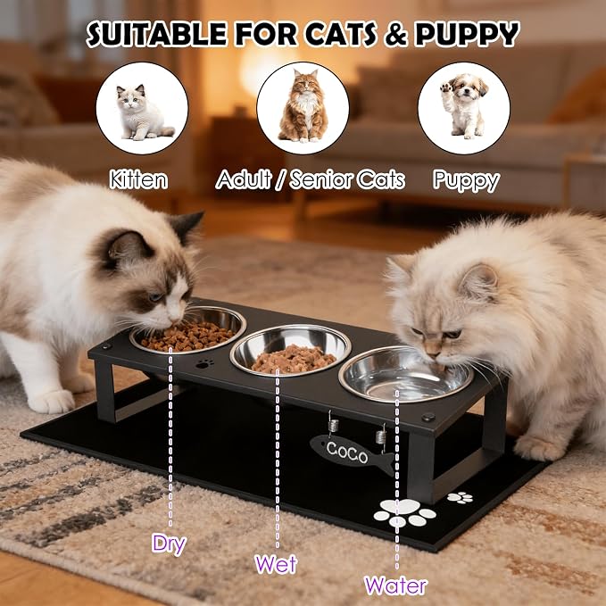 3 in 1 Elevated Cat Bowls with Splash proof Mat for Kittens, Puppies, Multi-pet Households, 10° Tilted Raised Cat Bowls Anti-Vomiting, 3 Wide Shallow Stainless Steel Bowls, Whisker Friendly, 3.5" Tall - Image 3