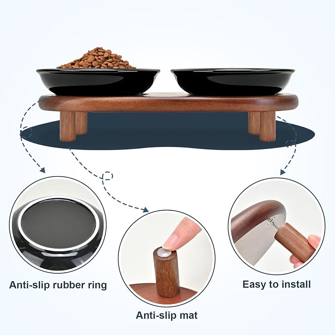 SPUNKYJUNKY Shallow Elevated Cat Bowl with Acacia Wood Stand Wide Raised Ceramic Cat Dishes Whisker Friendly Pet Food and Water Plates (Striped Pattern, Black) - Image 5