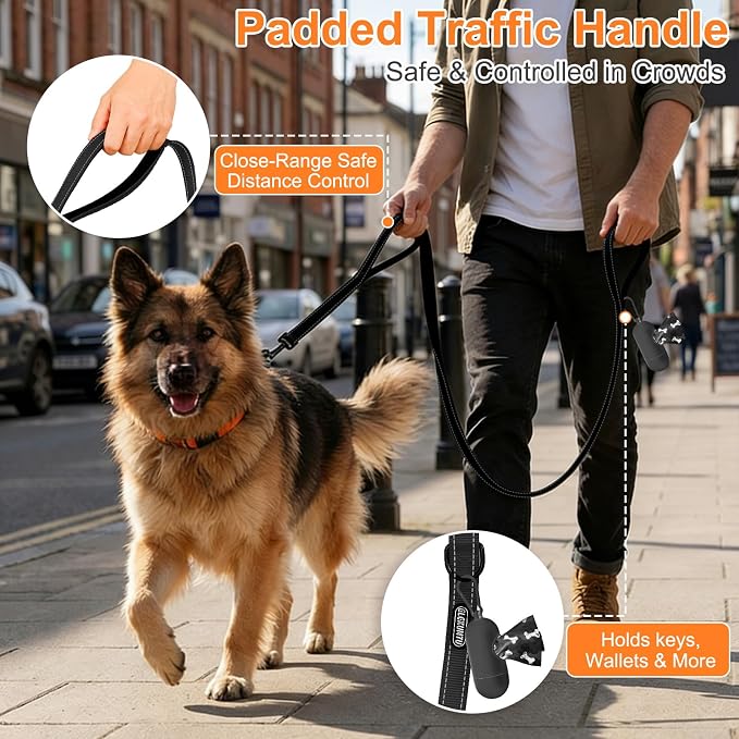 Heavy Duty Dog Leash with 2 Comfortable Padded Handles, 6 FT Traffic Handle Extra Control, Highly Reflective Threads Leash for Small/Medium/Large Dogs (Black) - Image 5