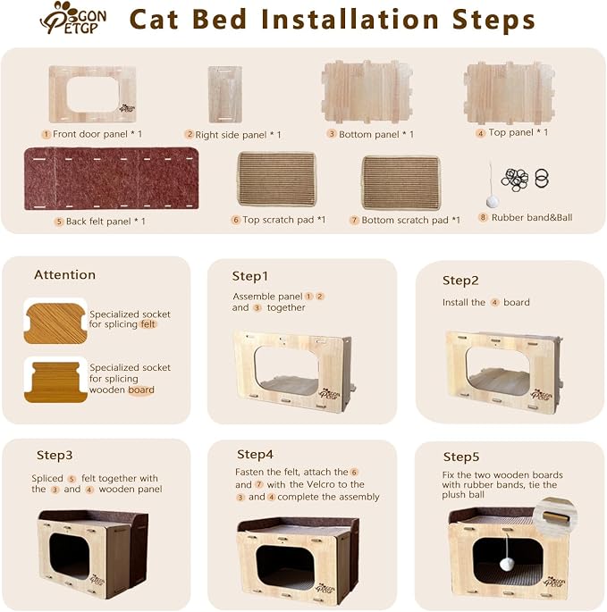 Cat Houses for Indoor Cats, Two-Story Cat Bed Cube for Multiple Small Kittens, Removable Felt Cat Cave Hideaway Condo with Fluffy Ball, Scratch Pad - Image 8