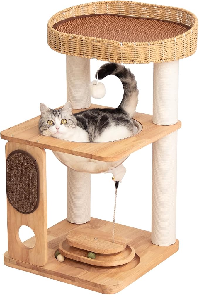 Cat Tree Tower, Freestanding, Stylish, Cushioned Bed, Large Base, for Multiple Cats, Compact, Winter and Summer Use, Summer Mat Included, for Large Cats (81cm Brown) by LULUCATcattree