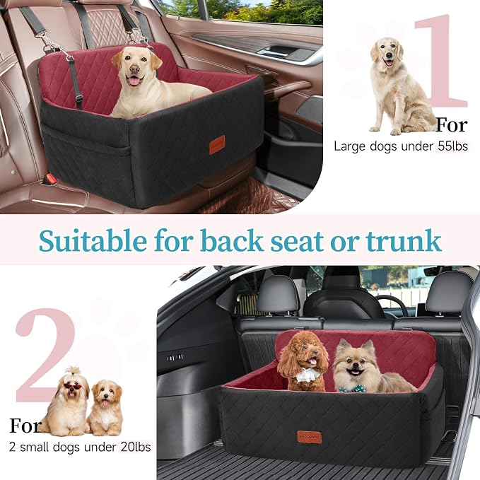 Dog Car Seat for Medium Large Dogs Under 55 lbs, Washable Pet Booster Seat | Dog Car Bed for 2 Small Dogs with Thick Cushion, Detachable Pet Car Seat for Backseat with 2 Safety Leashes and Pockets - Image 5