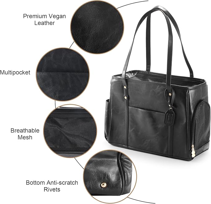 Fashion Dog Carrier Purse, Premium Leather Cat Carrier Bag, Airline Approved Soft Sided Pet Travel Tote Bag with Pockets Black - Image 4