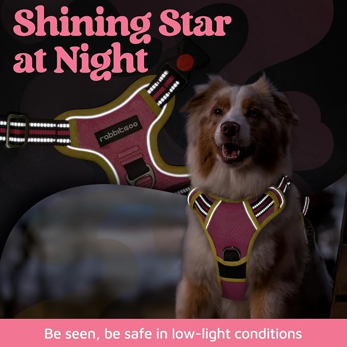 rabbitgoo Dog Harness Medium Sized, No Pull 3 Buckles Easy On & Off | Soft Padded, Walking with Control Handle, Adjustable and Reflective, Pink & Yellow, Medium - Image 6