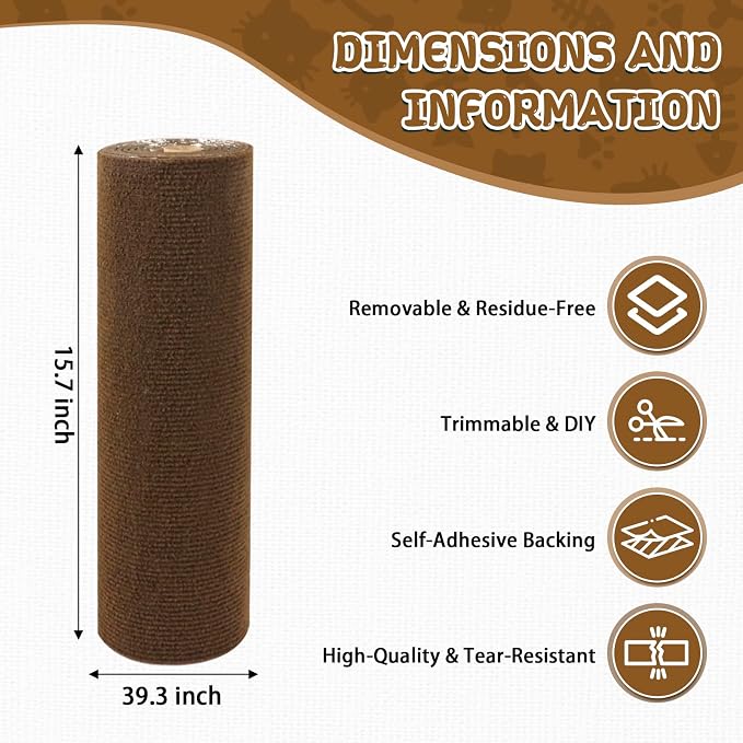LSGCQ Cat Scratch Mat Self Adhesive Cat Scratch Furniture Protector | Self Adhesive Cat Scratching Mat Replacement for Cat Tree Post Couch Wall Furniture Protector (39.3" x 15.8", Brown) - Image 2