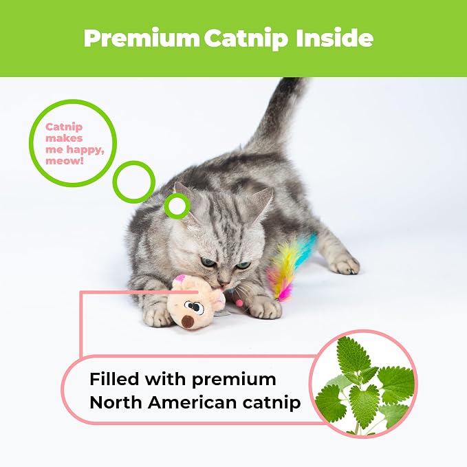 Catify Interactive Cat Toy - Squeaking Mice Set, Beige & Gray | Catnip Infused, Tap to Activate Squeaks, Soft, For Indoor Kittens & Cats, Independent Play, Attaches to Wand, Pack of 2 - Image 3
