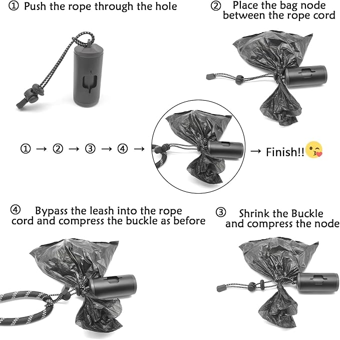 YUCHIYA Aluminum Dog Poop Bags Holder with Carabiner Metal Pet Waste Bags Dispenser with Hook and Loop Fastener and Elastic Cord to Carry Used Bags (Black, 1 Holder 15 Bags) - Image 6