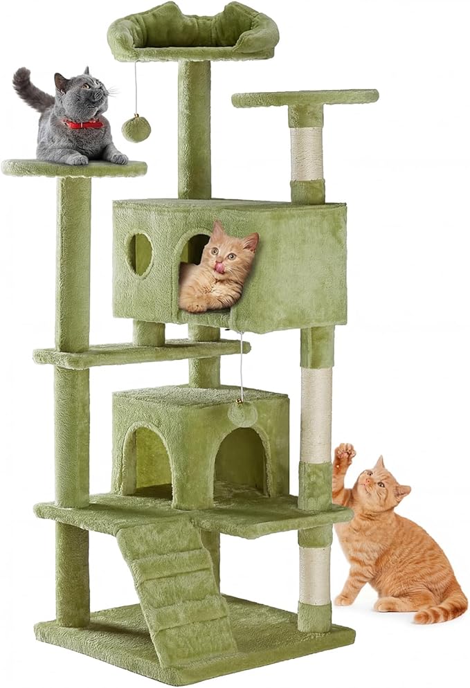 DUMOS 54-inch Cat Tree Tower with Scratching Posts, Indoor Use | Multi-Level Pet House for Large Cats with 2 Condos, Round Platform, Small Ladder and Toys, Green by DumosLifestyle