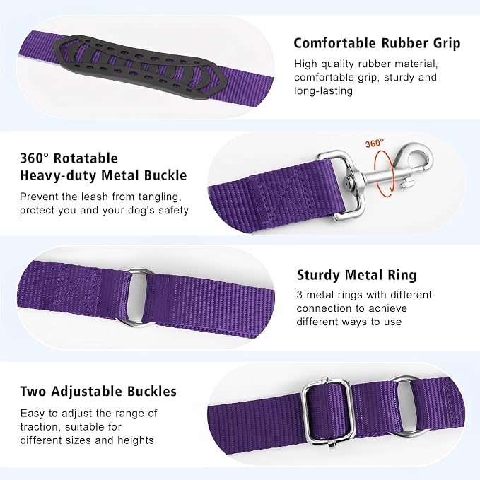 8.5ft Hands Free Dog Leash Adjustable for Medium Dogs, Purple | Versatile Handheld Crossbody Waist Lead with 3 Rings, Easy Adjust for Running Jogging Walking, Sponge Handle - Image 5