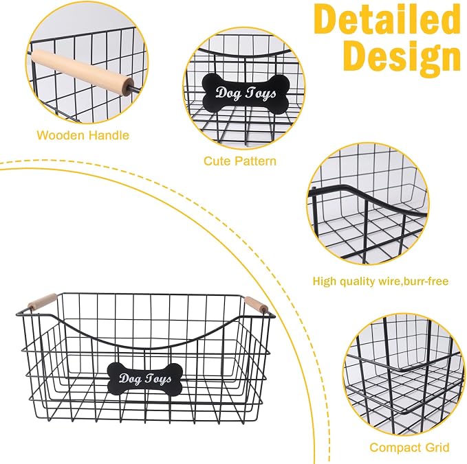 Metal Dog Toy Basket,Indestructible Dog Toy Bin with Wooden Handle,Sturdy Pet Storage Organizer,Ideal for Dog Leash,Blanket,Snacks-15.1 (L) x 10.7 (W) x 7 (H) inches - Image 2