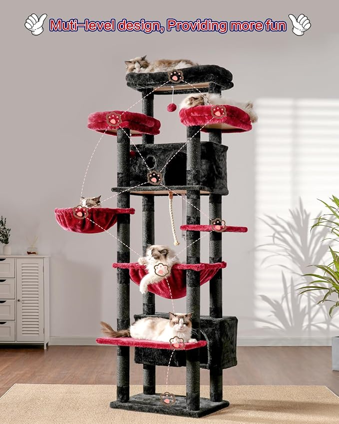 Cat Tree, 74" Tower for Large Cats, Big Condo Hammock CCT030BR | Heavy duty, 3 Big Platforms, 2 Baskets, 2 Condos, Multi-Level Cat Scratching Posts, Indoor Cats Large Adult, Black and red - Image 8