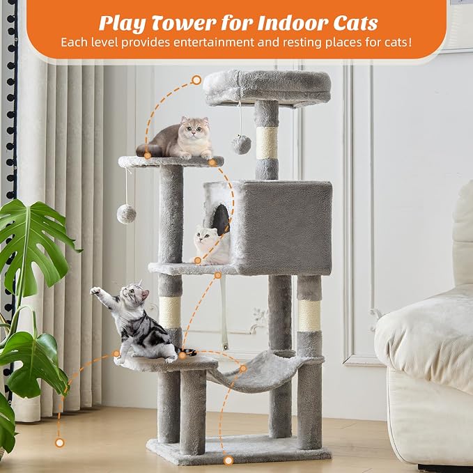 DUMOS 44 Inch Cat Tree Tower with Natural Sisal Scratching Posts | Small Cat Tree with Hammock, Pet Condo for Indoor Cats and Kittens Play, Light Grey - Image 5