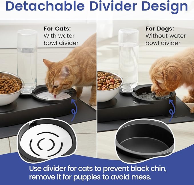 Raised Dog Cat Food Bowl, Cat Food and Water Bowl Set with Water Dispenser, Stainless Steel Bowls and Feeding Mat, Food Feeding Dishes for Indoor Cats and Small Dogs, Black - Image 7