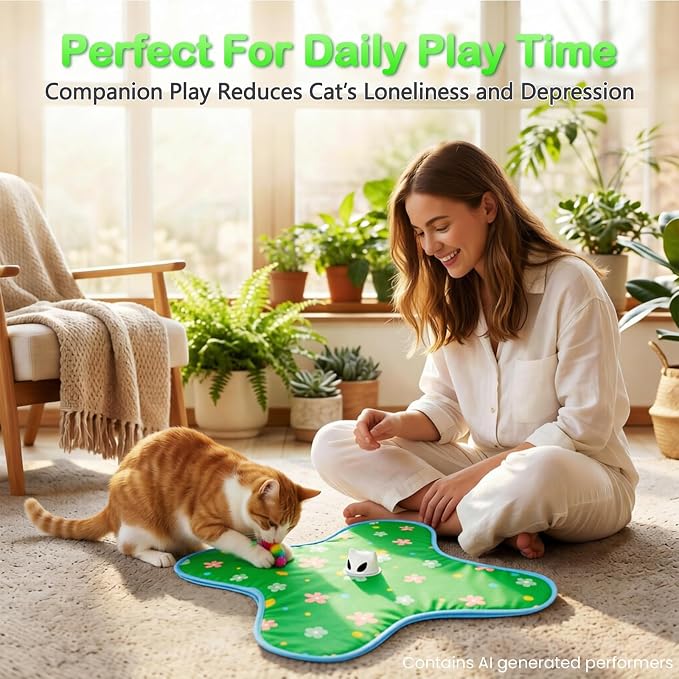 Interactive Cat Toys for Indoor Cats, Rechargeable Hide & Seek Toy | Touch Activated, 3 Speed Modes, 10-Min Auto off, Bird Chirps(can turn off), Hidden Feather Wand for Bored Adult Cats, Green - Image 8