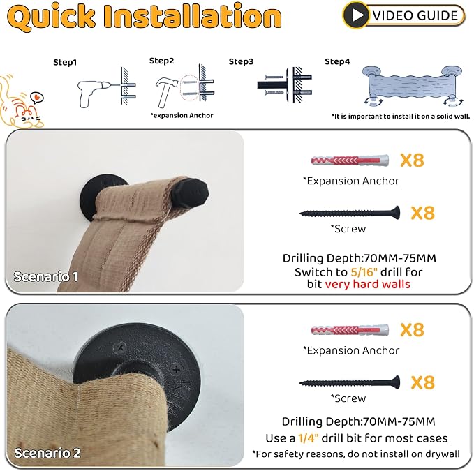 Wall Cat Scratcher Mat for Large Cats or Kittens, 34.64 x 12.59in | Wear-resistant & Scratch-resistant Jute Fabric, Cat Wall Hammock for Cats Space-Saving & Playing, Climbing & Resting - Image 6
