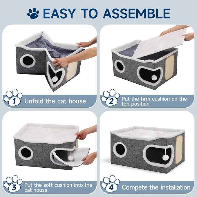 Shikha Extra Large Cat House Bed for Multi Cats with Scratch Pad Grey | 24 x 17.7 x 12.6 IN Widen Cat Cave Cube for Multi Pets, Foldable, Arc-Edge Design, Oval Door, All Seasons Reversible Cushion - Image 8