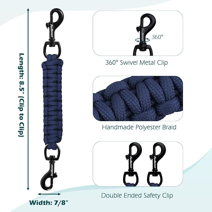 PetBonus Dog Collar Safety Clip, Handmade Prong Collar to Harness Connector | Dog Leash Backup Safety Strap, Escape Proof, Double Ended Clasp, Lead Connector for Pinch Collar, Harness (Navy Blue) - Image 2