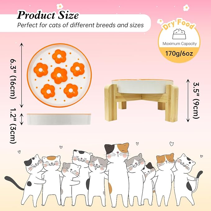Elevated Ceramic Slow Feeder Cat Bowl with Anti-Slip Bamboo Stand | 6.3" Wide Whisker Friendly, Slow Eating 3x, Dry & Wet Food, Cute Flower-Shaped Maze, Microwave & Dishwasher Safe, Orange - Image 2