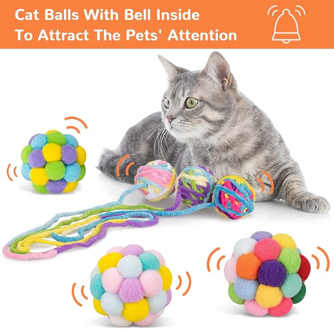 Retro Shaw Cat Toys Balls with Bells Inside, Kitten Toys Pack 6Pcs | Woolen Yarn Cat Balls, Soft Pompom Jingle Ball with String, Interactive Kitty Nip Toys for Indoor Cats - Image 2