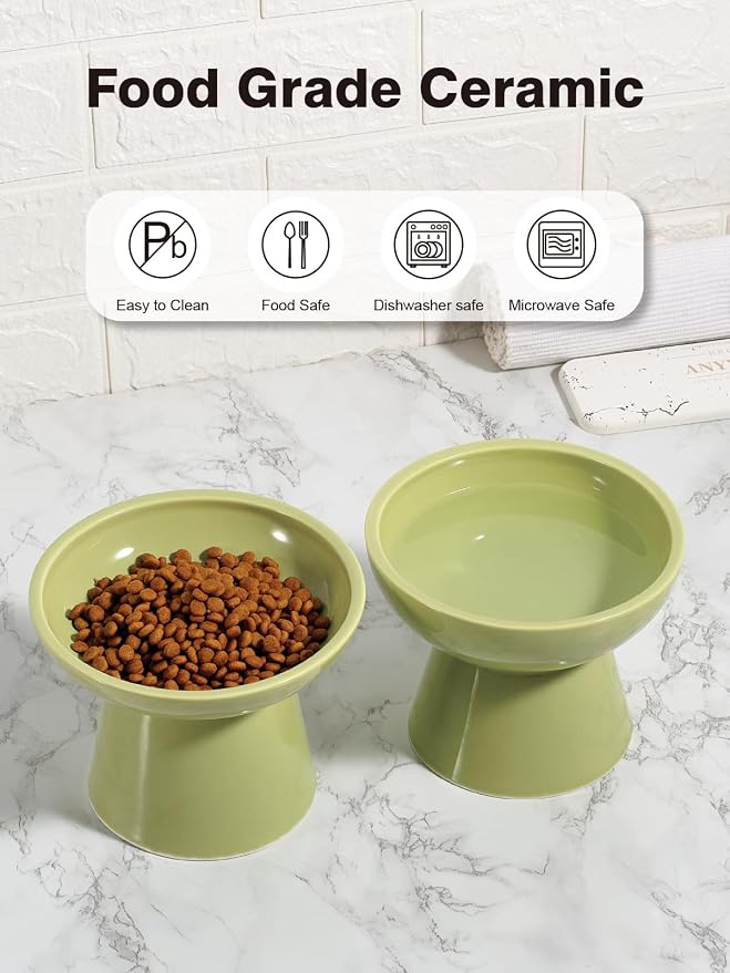 LoeJan Elevated Food and Water Bowls Set, Extra Wide and Raised Ceramic Feeder, Anti-Vomit Whisker-Free Pressure Cat Bowl for Kittens to Adult Cats, Small Dogs (Green, Water Bowl) - Image 6