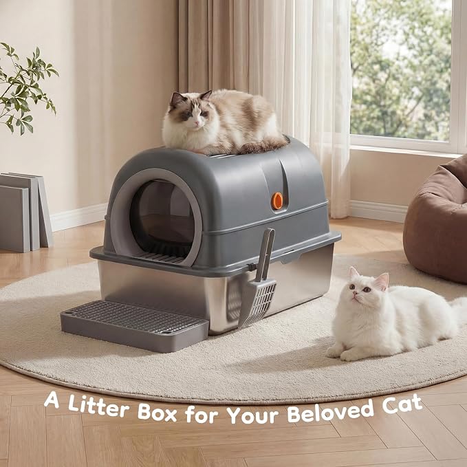 OLIXIS Stainless Steel Enclosed Litter Box with Lid, High Sided | Cat Litter Pan for Big Cats, Extra Large Cat Box with Scoop & Mat, Front & Top Entry, Easy Cleaning, Grey - Image 7