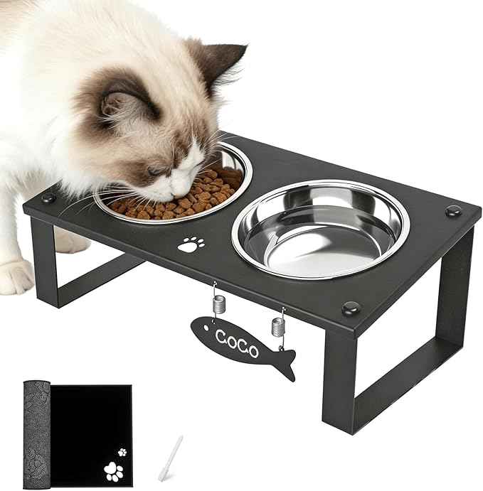 Elevated Cat Bowls with Splash Proof Mat for Kitten Puppy, 10° Tilted Raised Cat Bowl Stand Anti-Vomiting, 2 Wide Shallow Stainless Steel Bowls, Whisker Friendly, 3.5" Tall by TIDANT