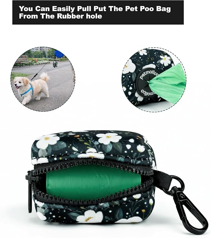 Petmolico Dog Poop Bag Holder Dispenser 2 Pack, Cyan & Flower | Zippered pouch fits any leash, includes free roll of bags, lightweight & portable for daily walks, travel & outdoor use - Image 2