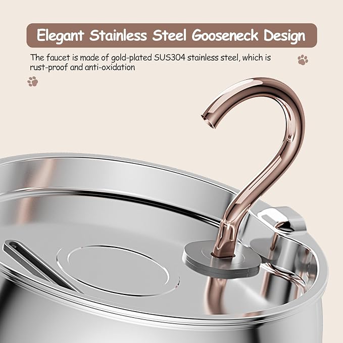 2.5L/84oz Gooseneck Cat Water Fountain Stainless Steel Ultra-Quiet | Kitty Spout Cat Fountain for Drinking, Pet Water Fountain for Cats Inside with 6 Replacement Filters & 6 Pre-Filter Sponges - Image 3