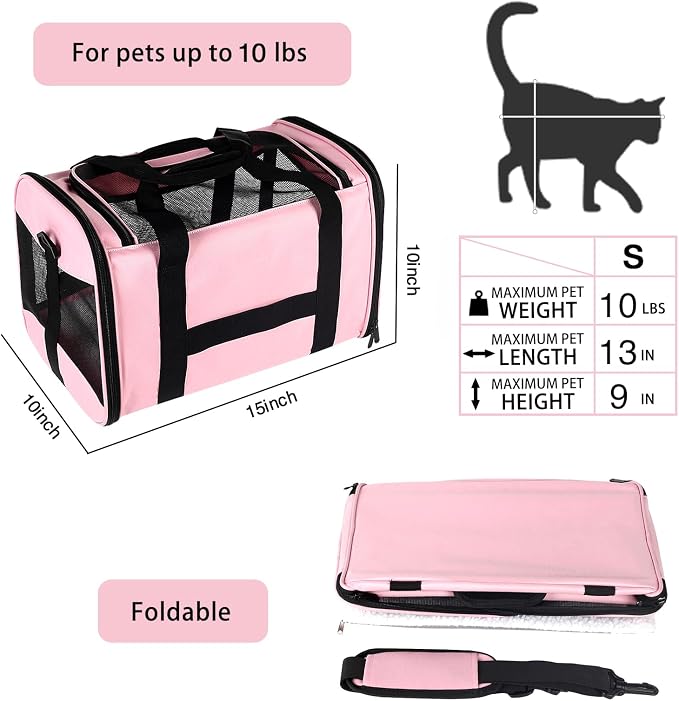 Cat Carrying Case - Pet Carrier Airline Approved, Protable and Breathable Pet Travel Carrier Removable Fleece Pad, Collapsible Cat Carrier Dog Carrier for Medium Cats Small Cats Dogs (Small, Pink) - Image 3