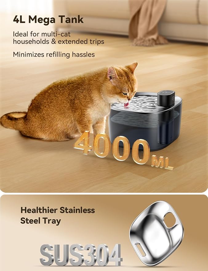 FEELNEEDY Wireless Cat Water Fountain, No Pump for Easy Cleaning, 4000mAh Detachable & Rechargeable Battery, Motion Sensor with Low Water & Power Alerts - Includes 6 Filters (4L/135oz) - Image 6