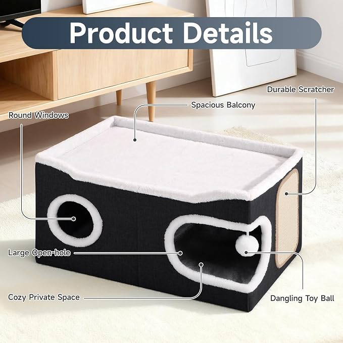 Shikha Extra Large Cat House Bed for Multi Cats with Scratch Pad Black | 24 x 17.7 x 12.6 IN Widen Cat Cave Cube for Multi Pets, Foldable, Arc-Edge Design, Oval Door, All Seasons Reversible Cushion - Image 3