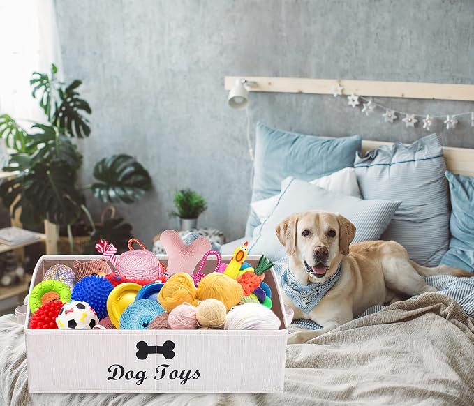 Linen-Cotton Blend Dog Toy Basket,Collapsible Dog Toy Box,Dog Toy Bin Storage-Perfect for Organizing Pet Toys,Blankets,Leashes,Rope Toys,Clothing - Beige - Image 8