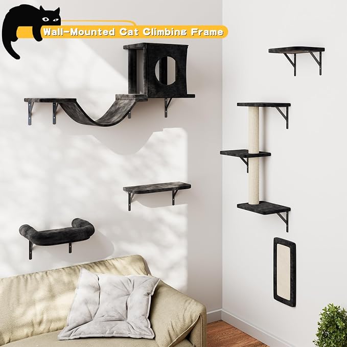 12-in-1 Cat Wall Shelves, Luxury Wall-Mounted Cat Climber Set | with Condos House, Scratching Post, Bridge Ladder, Indoor Space-Saving Furniture for Kittens, Black - Image 5