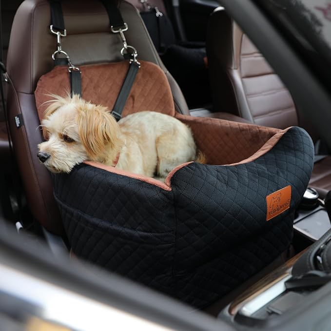 Dog Car Seat for Small Medium Dogs,Portable Pet Booster Seat with Safety Strap & Removable Washable Pad,Memory Foam Dog Travel Bed for Car,SOFE Velvet for Puppies Cats（M-Black/Brown） - Image 7