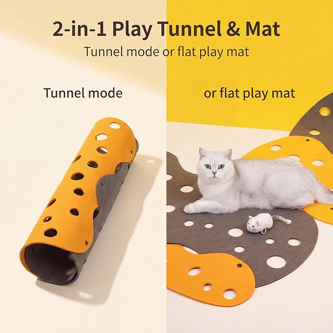 ZEZE Cheese Cat Tunnel for Indoor Cats, Felt Peek Hole Hide Tunnel Toy with Snap Buttons, Foldable Interactive Cat Play Mat for Hide & Seek and Indoor Enrichment - Image 7