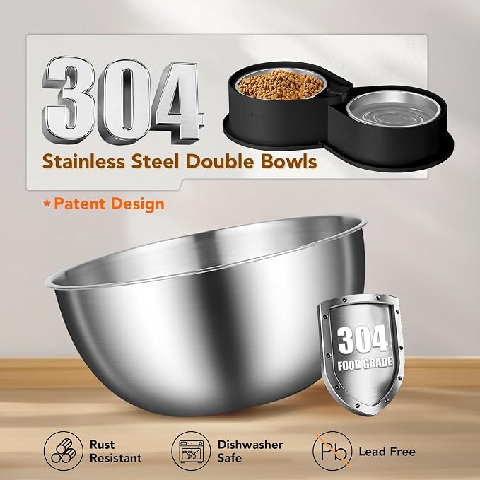 Newget 304 Stainless Steel Dog Bowl Set, 24oz Foldable Pet Dishes, Black | Dual Food & Water Pet Bowl, Anti-Skid, Keeps Food Fresh, Easy to Install, for Small - Large Dogs/Cats - Indoor & Outdoor Use - Image 2