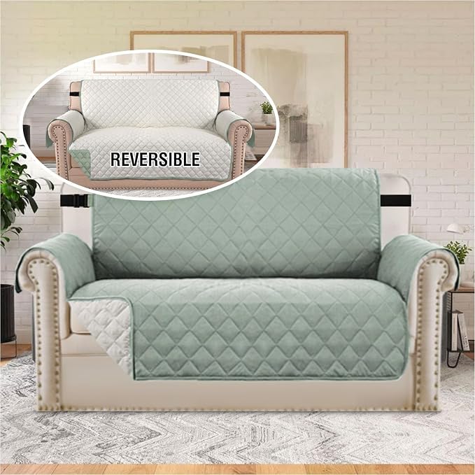 H.VERSAILTEX Reversible Loveseat Couch Cover for 2 Cushion Couch Water Resistant Furniture Protector for Pets Durable Large Cushion Protector with Elastic Strap(Oversized Loveseat, Desert Sage/Beige) - Image 3