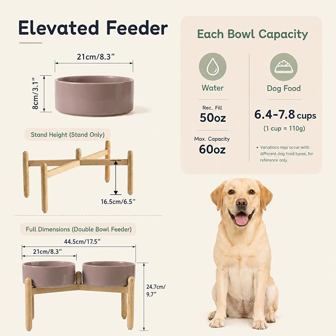 Havniva Ceramic Dog Bowls Elevated, Raised Dog Food Bowl for Large Dogs | 8.3” Elevated Dog Bowls, Non-Slip Wood Stand, Dog Food and Water Bowl Set, Dog Feeding Dish, Large Capacity Pet Water Bowl - Image 2