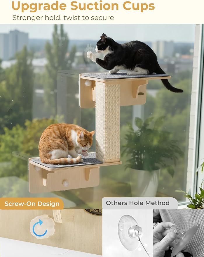 Pecute Double Cat Shelves with Scratching Post for Wall & Window | Solid Wood Frame, Strong Suction Cups, Washable Cover Mat, Cats Perch Bed for Birds Watching Inside, Indoor Cat Hammock Bed - Image 8