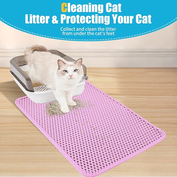 Cat Litter Mat 30"x24", Double Layer Waterproof Litterbox Mat, Pink | Non-slip backing, washable for easy cleanup, traps stray litter with waterproof honeycomb large grid that is urine-proof. - Image 3