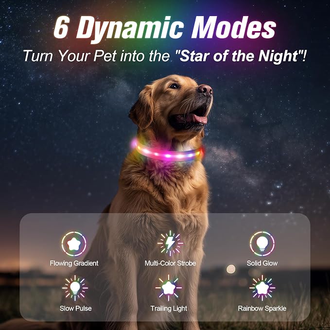 LED Dog Collar, RGB Light Up Dog Collar USB Rechargeable 6 Modes | Waterproof Light Up Dog Collar with Soft Nylon Comfort, Adjustable Fit for Small Medium Large Dogs Candy Pink L - Image 3