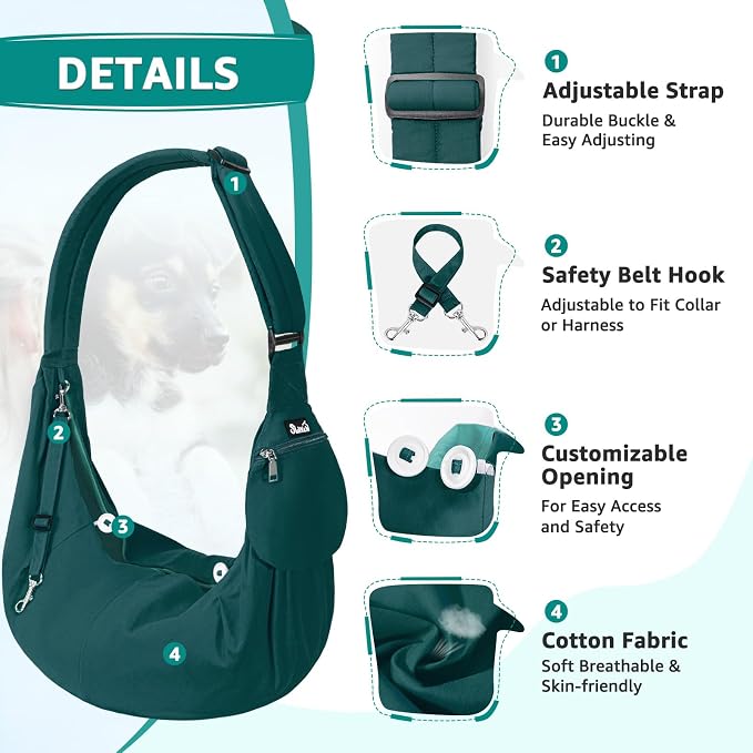SlowTon Dog Carrier Sling - Thick Padded Shoulder Strap Adjustable, Green S | Dog Carriers for Small Dogs, Puppy Carrier Purse for Pet Cat with Front Zipper Pocket Safety Belt Machine Washable - Image 2