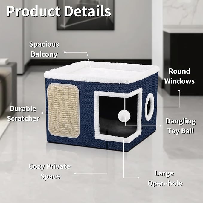 Shikha Cat House Bed for Indoor Cats with Fluffy Ball and Scratch Pad Blue | Foldable Large Cat Cave Hideaway with Cozy Condo, Hide and Seek Window, Holds Up to 30LBS, All Season Reversible Cushion - Image 7